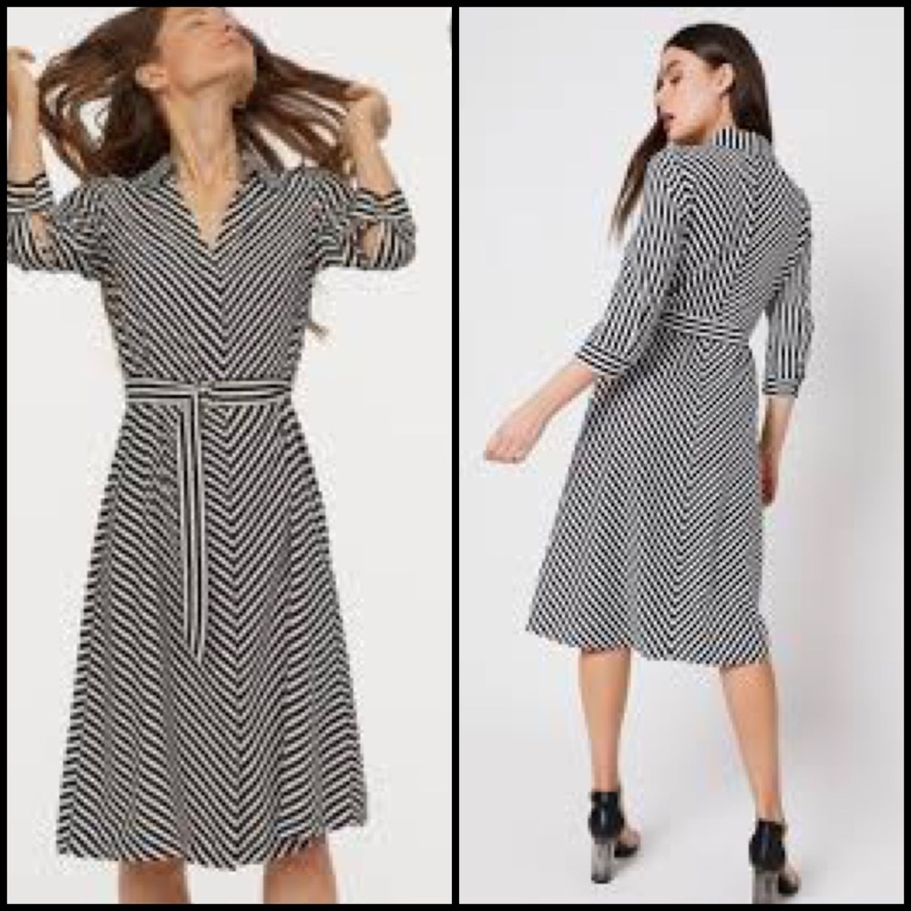 H&M Satin Striped Black and White Long Sleeve Shirt Midi Workwear Office Dress 8